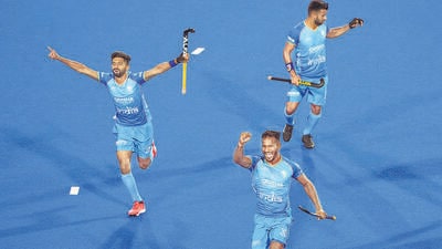 India players celebrate after scoring a goal against Spain during a match of the FIH Odisha Hockey Men's World Cup 2023, at the Birsa Munda Hockey Stadium in Rourkela on Friday. (PTI) India players celebrate after scoring a goal against Spain during a match of the FIH Odisha Hockey Men's World Cup 2023, at the Birsa Munda Hockey Stadium in Rourkela on Friday. (PTI)