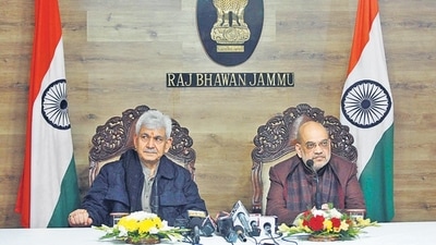 Union home minister Amit Shah addresses a joint press conference with Jammu and Kashmir LG Manoj Sinha, in Jammu on Friday. (ANI) Union home minister Amit Shah addresses a joint press conference with Jammu and Kashmir LG Manoj Sinha, in Jammu on Friday. (ANI)