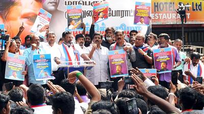 VCK chief Thirumavalavan during a stir against Governor RN Ravi, near Raj Bhawan in Chennai on Friday. (ANI)