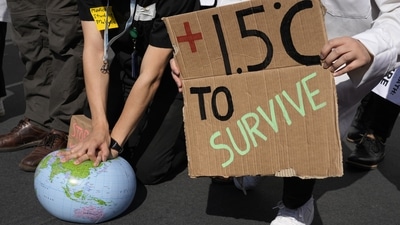 Demonstrators pretend to resuscitate the Earth while advocating for the 1.5 degree warming goal to survive at the COP27 U.N. Climate Summit. (AP file) Demonstrators pretend to resuscitate the Earth while advocating for the 1.5 degree warming goal to survive at the COP27 U.N. Climate Summit. (AP file)