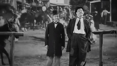 The pic, taken from the fan-made video tweeted by Anand Mahindra, shows Laurel and Hardy ‘dancing’ to Naatu Naatu. (Twitter/@AnandMahindra) The pic, taken from the fan-made video tweeted by Anand Mahindra, shows Laurel and Hardy ‘dancing’ to Naatu Naatu. (Twitter/@AnandMahindra)