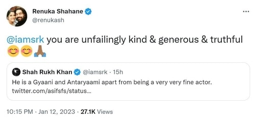 Renuka Shahane responded to Shah Rukh Khan's tweet on Thursday. Renuka Shahane responded to Shah Rukh Khan's tweet on Thursday.