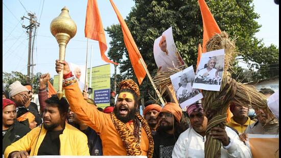 A protest in Patna against Bihar’s education minister Chandrashekhar . (Santosh Kumar/HT)