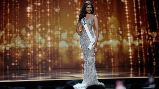 Miss India Divita Rai competes in the evening gown competition during the preliminary round of the 71st Miss Universe pageant in New Orleans.  (AP)