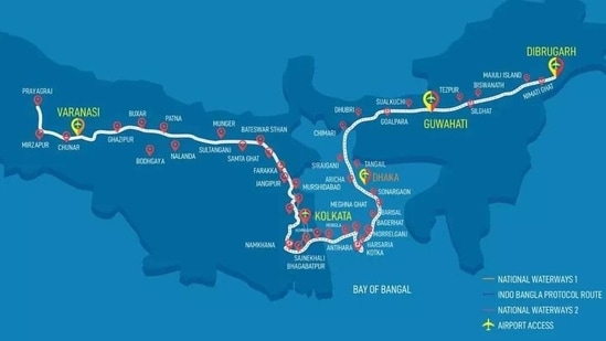 The 3,200-km route map of MV Ganga Vilas. (HT_PRINT) The 3,200-km route map of MV Ganga Vilas. (HT_PRINT)