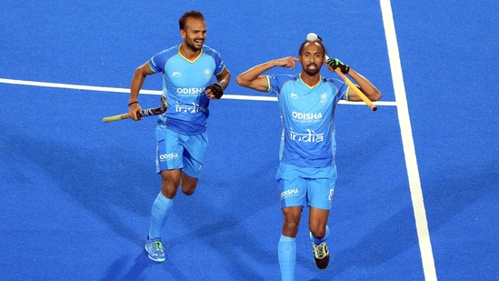 Hardik Singh (8) of India reacts after scoring a goal against Spain(PTI)