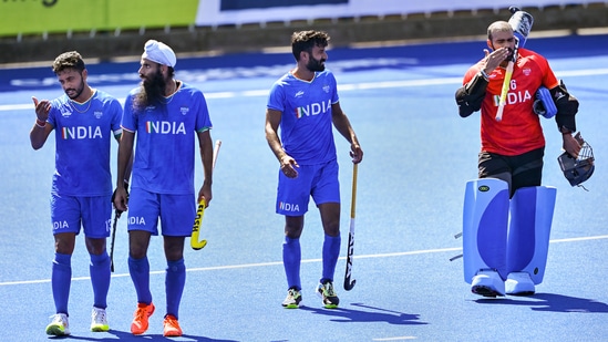 India's Harmanpreet Singh, Jarmanpreet Singh, Surender Kumar and Sreejesh Raveendran after the end of the men's hockey final match(PTI)