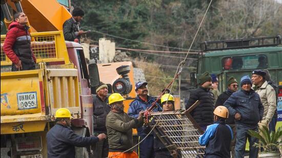 Preparations for the demolition of a hotel marked unsafe in Joshimath. (PTI)