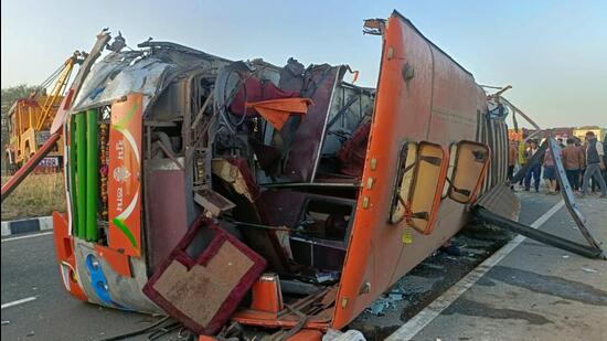The bus was carrying around 45 passengers when the accident took place around 7 am, police said. (HT PHOTO)