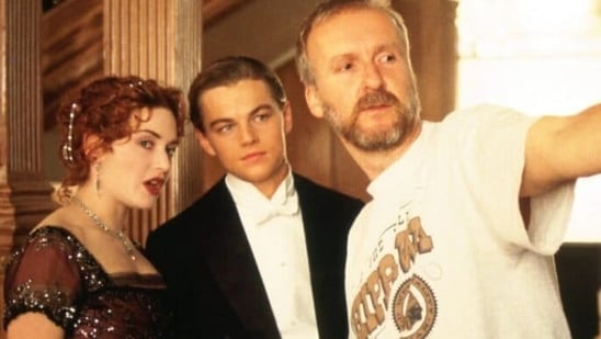 Kate Winslet and Leonardo DiCaprio with director James Cameron the set of Titanic.