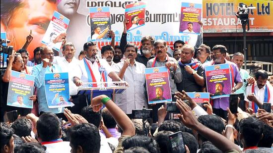 VCK chief Thirumavalavan during a stir against Governor RN Ravi, near Raj Bhawan in Chennai on Friday. (ANI)