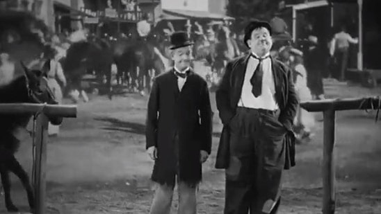 The pic, taken from the fan-made video tweeted by Anand Mahindra, shows Laurel and Hardy ‘dancing’ to Naatu Naatu.(Twitter/@AnandMahindra)