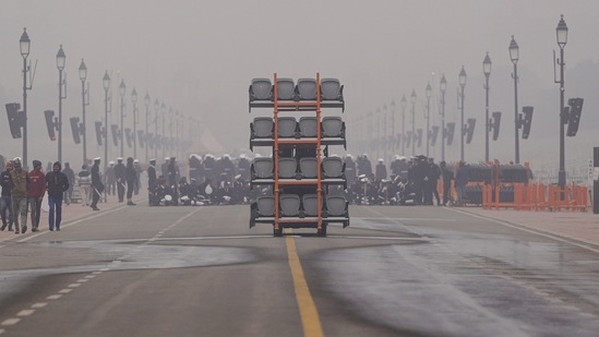 Seats being carried on a vehicle for the Republic Day Parade 2023 at the Kartavya Path during a cold and foggy morning, in New Delhi, Friday, January 6, 2023. (PTI Photo/Atul Yadav) Seats being carried on a vehicle for the Republic Day Parade 2023 at the Kartavya Path during a cold and foggy morning, in New Delhi, Friday, January 6, 2023. (PTI Photo/Atul Yadav)