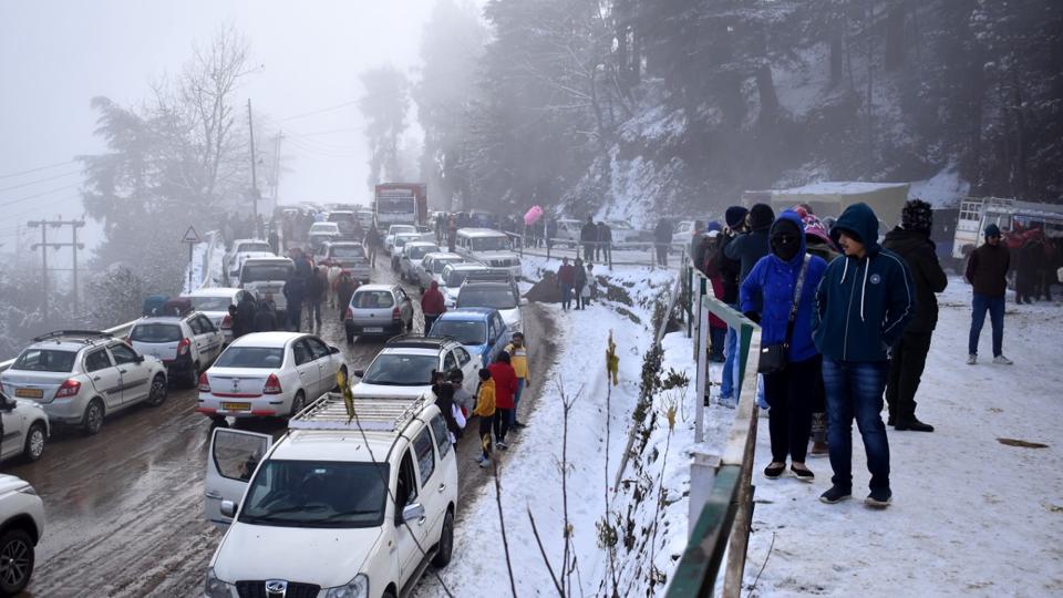 Tourists making a beeline for Kufri after it received light snowfall on Friday morning. (Deepak Sansta/HT) Tourists making a beeline for Kufri after it received light snowfall on Friday morning. (Deepak Sansta/HT)