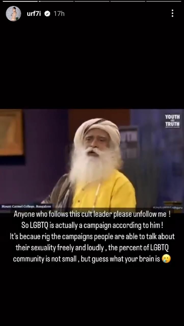 Uorfi posted a clip of Sadhguru's speech and added a caption on her Instagram Srory.