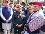 Dehradun: Defence Minister Rajnath Singh with Uttarakhand Chief Minister Pushkar Singh Dhami and others during a function on the occasion of Armed Forces Veterans Day, in Dehradun. (PTI) Dehradun: Defence Minister Rajnath Singh with Uttarakhand Chief Minister Pushkar Singh Dhami and others during a function on the occasion of Armed Forces Veterans Day, in Dehradun. (PTI)