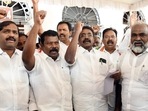 Ruling alliance lawmakers protest against Tamil Nadu governor RN Ravi's remarks. (ANI) Ruling alliance lawmakers protest against Tamil Nadu governor RN Ravi's remarks. (ANI)