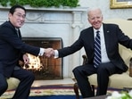 US President Joe Biden (right) shakes hands with Japan’s Prime Minister Fumio Kishida during a meeting in the Oval Office of the White House in Washington, DC on Friday. (AFP) US President Joe Biden (right) shakes hands with Japan’s Prime Minister Fumio Kishida during a meeting in the Oval Office of the White House in Washington, DC on Friday. (AFP)