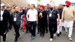 Santokh Singh Chaudhary, 76, the Congress member of Parliament (MP) from Jalandhar (second from left), died after a cardiac arrest while taking part in party leader Rahul Gandhi’s Bharat Jodo Yatra between Phillaur and Goraya towns on Saturday morning. (Twitter) Santokh Singh Chaudhary, 76, the Congress member of Parliament (MP) from Jalandhar (second from left), died after a cardiac arrest while taking part in party leader Rahul Gandhi’s Bharat Jodo Yatra between Phillaur and Goraya towns on Saturday morning. (Twitter)