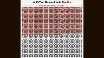 ‘I turned 50 a few weeks ago. Assum-ing I will live to about 75, I’ve lived over two-thirds of my life,’ says Assisi. Above is this ratio represented on the time-life grid created by Tim Urban. ‘I turned 50 a few weeks ago. Assum-ing I will live to about 75, I’ve lived over two-thirds of my life,’ says Assisi. Above is this ratio represented on the time-life grid created by Tim Urban.