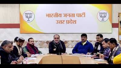 BJP U.P. unit meeting under party’s state unit president Bhupendra Singh Chaudhary and state general secretary (organisation) Dharampal Singh under way in the party office in Lucknow on Jan 14. (Sourced) BJP U.P. unit meeting under party’s state unit president Bhupendra Singh Chaudhary and state general secretary (organisation) Dharampal Singh under way in the party office in Lucknow on Jan 14. (Sourced)