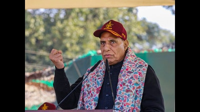 Defence minister Rajnath Singh addresses during the Veterans’ Rally organised on the occasion of the 7th Armed Forces Veterans’ Day in Dehradun on Saturday. (PTI)