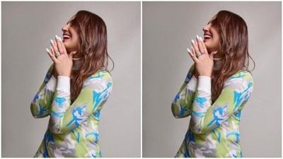 Huma’s sweatshirt dress featured a turtle neckline, full sleeves, and quirky patterns in shades of moss green, white, grey and blue.&nbsp; (Instagram/@iamhumaq)
