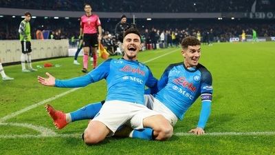 Napoli's Giovanni Di Lorenzo, right, and Eljif Elmas celebrate during the Serie A soccer match between SSC Napoli and Juventus FC at the Diego Armando Maradona stadium in Naples, Italy, Friday, Jan. 13, 2023. (Alessandro Garofalo/LaPresse via AP) (AP) Napoli's Giovanni Di Lorenzo, right, and Eljif Elmas celebrate during the Serie A soccer match between SSC Napoli and Juventus FC at the Diego Armando Maradona stadium in Naples, Italy, Friday, Jan. 13, 2023. (Alessandro Garofalo/LaPresse via AP) (AP)