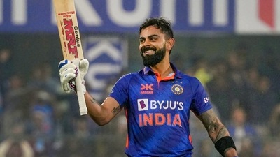 Guwahati: Indian batter Virat Kohli celebrates his century during the 1st ODI cricket match between India and Sri Lanka, at Barsapara stadium in Guwahati, Tuesday, Jan. 10, 2023. (PTI Photo) (PTI01_10_2023_000257B) (PTI) Guwahati: Indian batter Virat Kohli celebrates his century during the 1st ODI cricket match between India and Sri Lanka, at Barsapara stadium in Guwahati, Tuesday, Jan. 10, 2023. (PTI Photo) (PTI01_10_2023_000257B) (PTI)