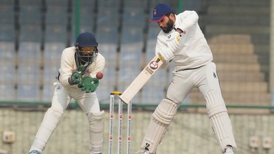 Delhi's player Dhruv Shorey plays a shot on the fourth and last day of Ranji Trophy cricket match against Tamil Nadu, at Arun Jaitley Stadium. (PTI)