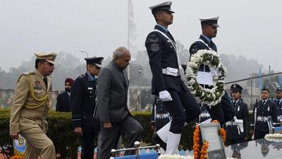 UT administrator Banwarilal Purohit during the Vetran Day Rally at Airforce Station in Chandigarh. (Ravi Kumar/ HT)