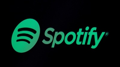 The Spotify logo is displayed on a screen on the floor of the New York Stock Exchange (NYSE) in New York, US. (Reuters)