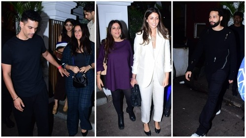 Angad Bedi, Neha Dhupia, Navya Naveli Nanda, Zoya Akhtar, Shweta Nanda and Siddhant Chaturvedi at the party. (Varinder Chawla) Angad Bedi, Neha Dhupia, Navya Naveli Nanda, Zoya Akhtar, Shweta Nanda and Siddhant Chaturvedi at the party. (Varinder Chawla)