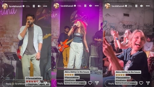 Farhan Akhtar and his daughter Akira sang as Adhuna cheered. Farhan Akhtar and his daughter Akira sang as Adhuna cheered.