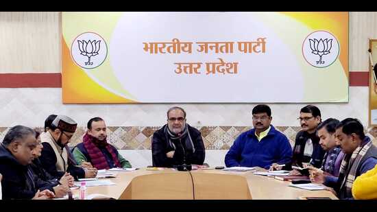 BJP U.P. unit meeting under party’s state unit president Bhupendra Singh Chaudhary and state general secretary (organisation) Dharampal Singh under way in the party office in Lucknow on Jan 14. (Sourced)