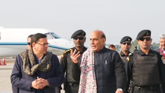 Rajnath Singh with Uttarakhand Chief Minister Pushkar Dhami. (Twitter) Rajnath Singh with Uttarakhand Chief Minister Pushkar Dhami. (Twitter)