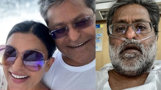 Sushmita Sen with Lalit Modi in an old photo (left); Lalit shared his new photo as he talked about suffering from covid-19 and pneumonia.