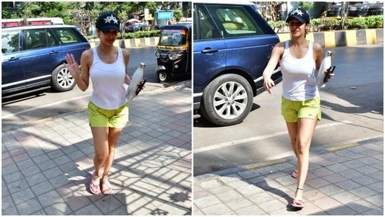 Malaika Arora lights up weekend workout in white tank top, neon shorts(HT Photos/Varinder Chawla)