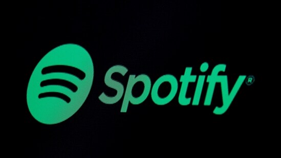 The Spotify logo is displayed on a screen on the floor of the New York Stock Exchange (NYSE) in New York, US.(Reuters)