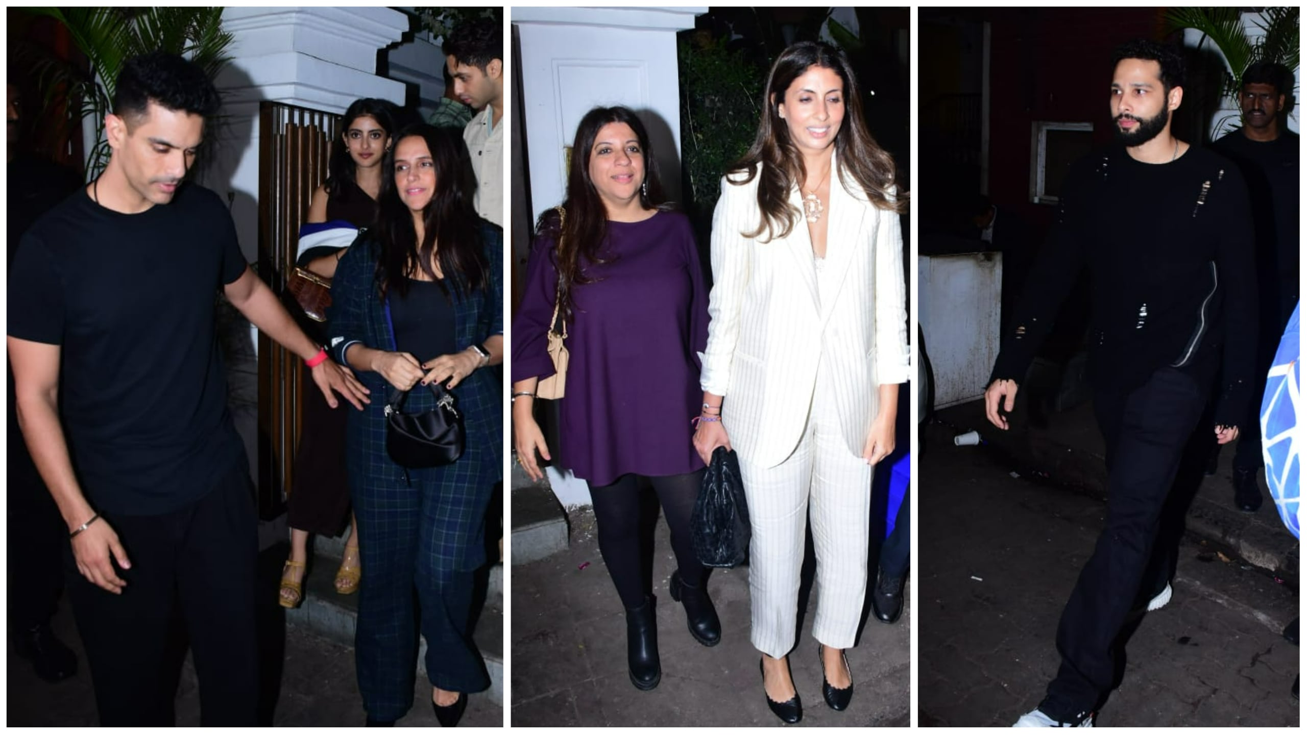 Angad Bedi, Neha Dhupia, Navya Naveli Nanda, Zoya Akhtar, Shweta Nanda og Siddhant Chaturvedi på festen.  (Varinder Chawla)