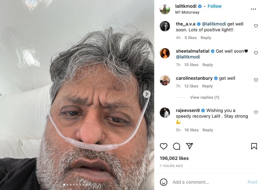 Lalit Modi shared a post about his health on Instagram, commented by Rajeev Sen.