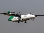 A Yeti Airlines ATR 72-500 aircraft, registration 9N-ANC, prepares to land at the airport of Kathmandu, Nepal.