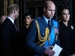 Prince Harry-Meghan Markle: Britain's Prince William, Kate, Princess of Wales, Prince Harry and Meghan, Duchess of Sussex, second left, leave after they paid their respects to Queen Elizabeth II.(AP) Prince Harry-Meghan Markle: Britain's Prince William, Kate, Princess of Wales, Prince Harry and Meghan, Duchess of Sussex, second left, leave after they paid their respects to Queen Elizabeth II.(AP)