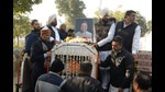 Jalandhar: Punjab Congress President Amarinder Singh Raja Warring during funeral of party leader Santokh Singh Chaudhary, in Jalandhar on Sunday. Chaudhary died on Saturday morning after suffering a cardiac arrest during the party's Bharat Jodo Yatra. (PTI) Jalandhar: Punjab Congress President Amarinder Singh Raja Warring during funeral of party leader Santokh Singh Chaudhary, in Jalandhar on Sunday. Chaudhary died on Saturday morning after suffering a cardiac arrest during the party's Bharat Jodo Yatra. (PTI)