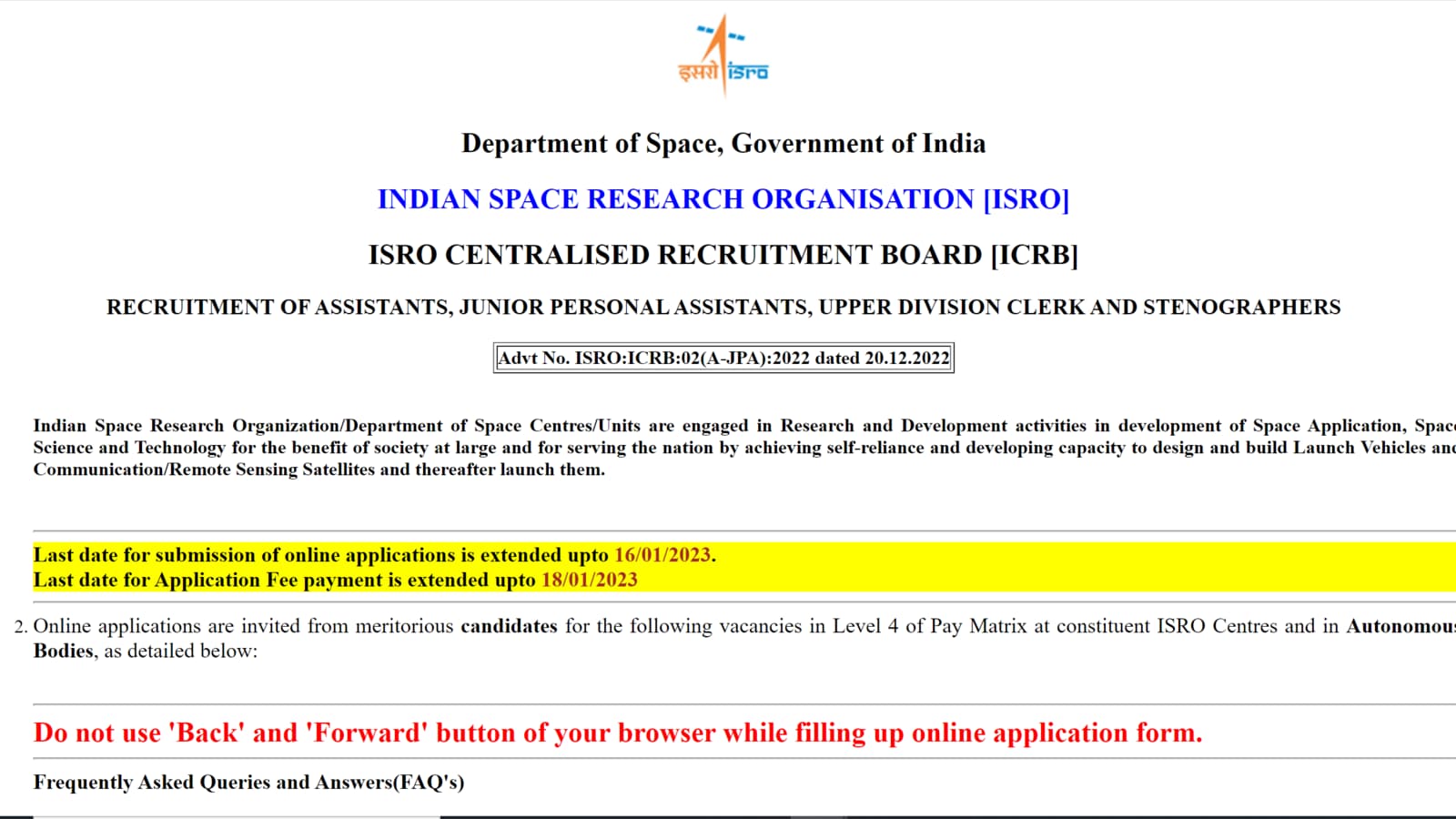 ISRO Recruitment 2023 Tomorrow last date to apply for Assistants and