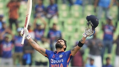 India's Virat Kohli celebrates after scoring a century during the third one-day international cricket match between India and Sri Lanka in Thiruvananthapuram. (AP)