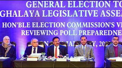 Chief election commissioner (CEC) Rajiv Kumar with election commissioners Anup Chandra Pandey and Arun Goel. (PTI) Chief election commissioner (CEC) Rajiv Kumar with election commissioners Anup Chandra Pandey and Arun Goel. (PTI)