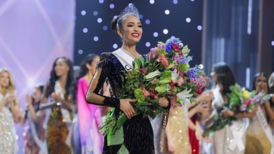 R'Bonney Nola Gabriel, who made history in December 2021 as the first Filipina-American to win Miss Texas USA, celebrates after being crowned Miss Universe 2022. &nbsp; (REUTERS)