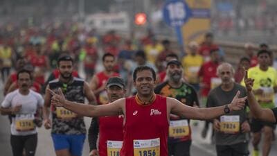 Mumbai, India - Jan. 15, 2023: Mumbaikars take a part in the Tata Mumbai Marathon in Mumbai, India, on Sunday, January 15, 2023. (Photo by Satish Bate/ Hindustan Times) (Hindustan Times) Mumbai, India - Jan. 15, 2023: Mumbaikars take a part in the Tata Mumbai Marathon in Mumbai, India, on Sunday, January 15, 2023. (Photo by Satish Bate/ Hindustan Times) (Hindustan Times)