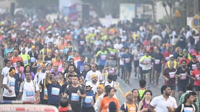 Mumbai, India - Jan. 15, 2023: Participant of Half Marathon and Amateur Marathon during the Tata Mumbai Marathon at Girgoan in Mumbai, India, on Sunday, January 15, 2023. (Photo by Anshuman Poyrekar/ Hindustan Times) (Hindustan Times) Mumbai, India - Jan. 15, 2023: Participant of Half Marathon and Amateur Marathon during the Tata Mumbai Marathon at Girgoan in Mumbai, India, on Sunday, January 15, 2023. (Photo by Anshuman Poyrekar/ Hindustan Times) (Hindustan Times)